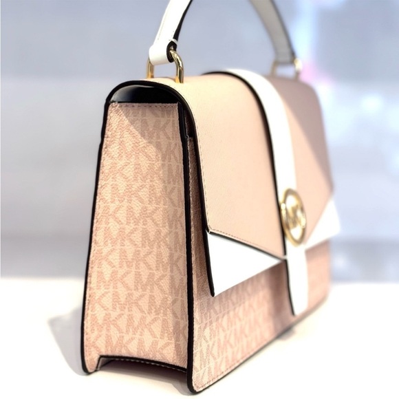 Michael Kors Greenwich Medium Signature Logo Satchel Bag Powder Blush Multi - Picture 4 of 7